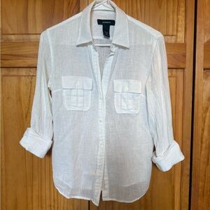 Express White Linen Button-Front Shirt with Chest Pockets